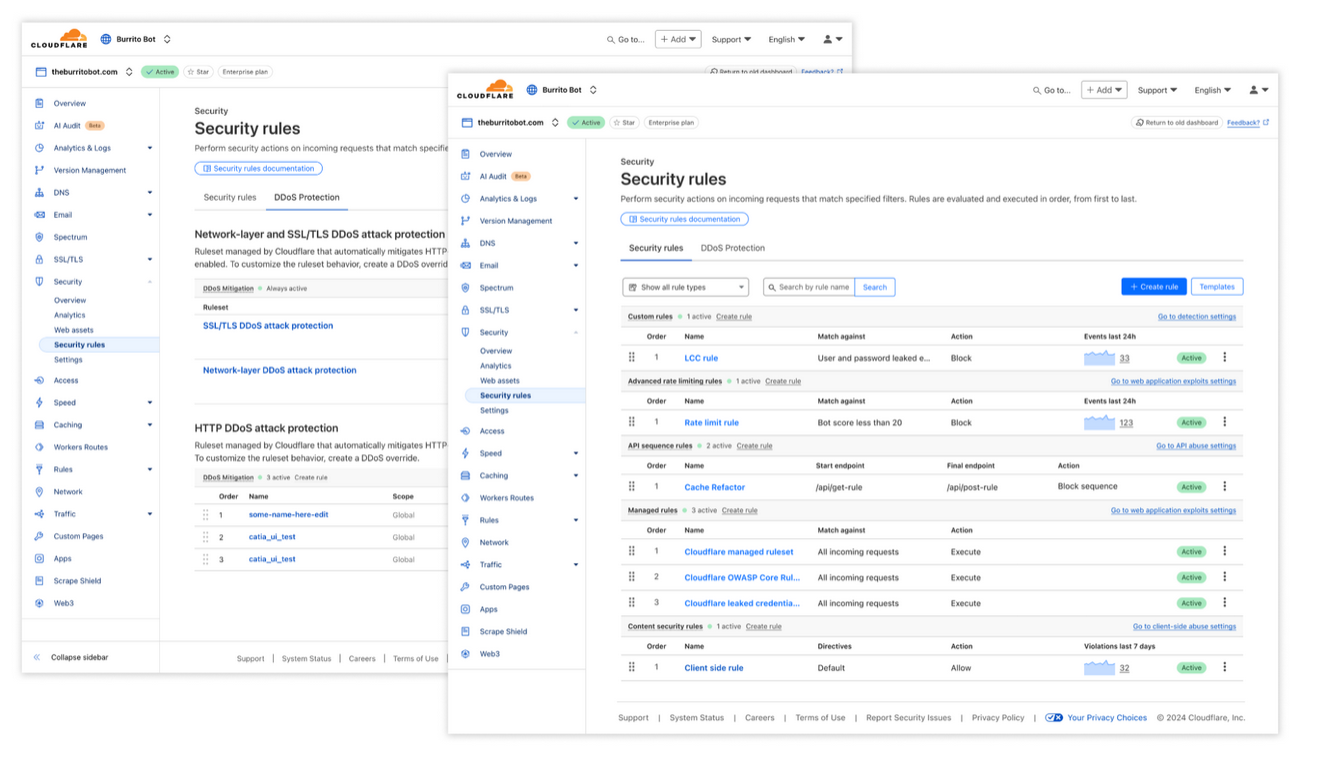 Security rules overview page and DDoS protection page